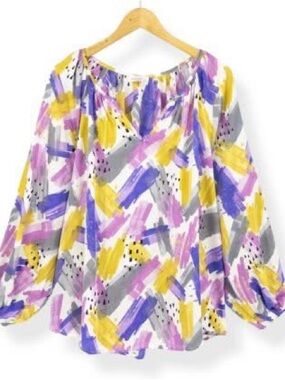 Abstract Brushstroke Off-Shoulder Blouse in Yellow, Purple & Gray